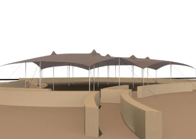 Diseño 3D de carpa beduina para espacio de dificil acceso