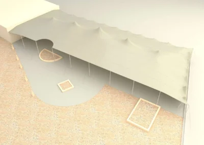 Render de previsualización de carpa beduina adaptada al terreno